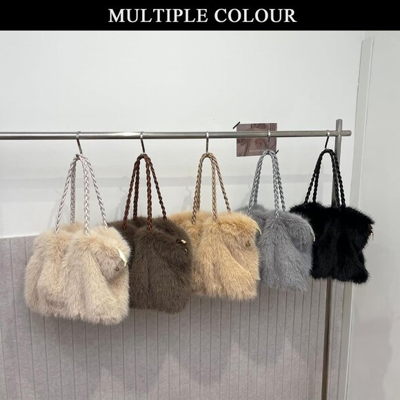 Women Winter Fuzzy Faux Fur Tote Bag Crossbody Coffee - Picture 8 of 8